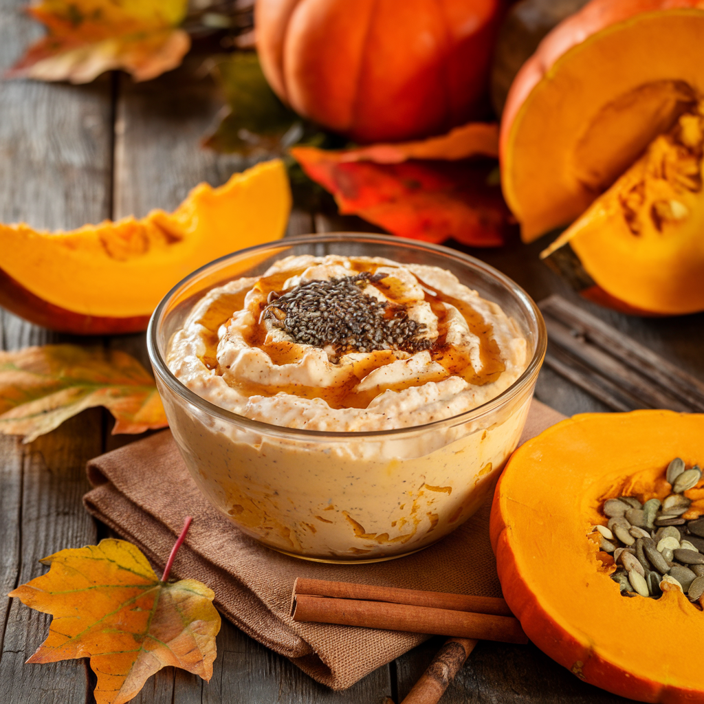 Vibrant bowl of pumpkin cottage cheese topped with cinnamon, chia seeds, and honey, surrounded by fresh pumpkin slices and autumn leaves on a rustic wooden table.
